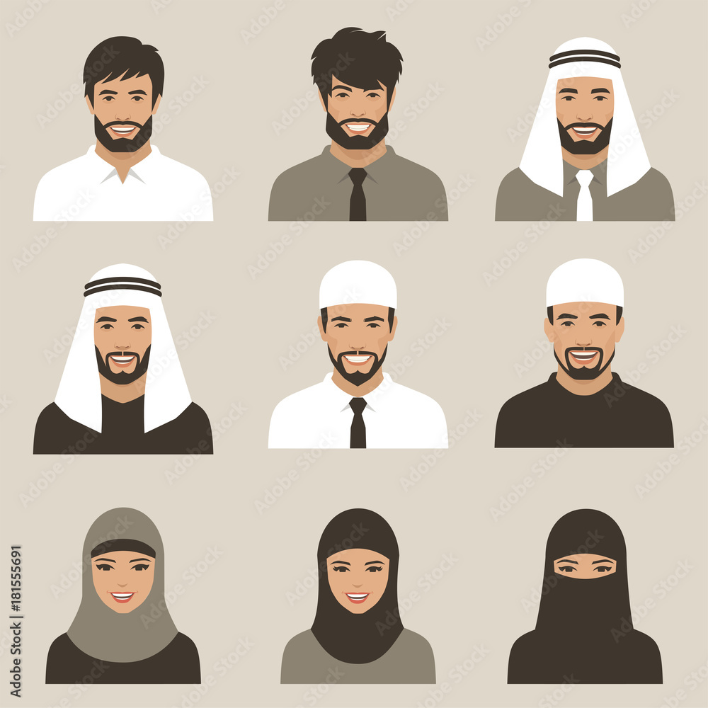 set of flat muslim avatars, vector arab people icon, saudi characters
set of flat muslim avatars, vector arab people icon, saudi characters