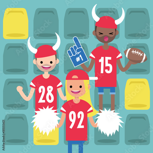 Stadium crowd. Interracial characters wearing american football uniforms, horned hats and foam fingers. Fans supporting their team / flat editable vector illustration, clip art