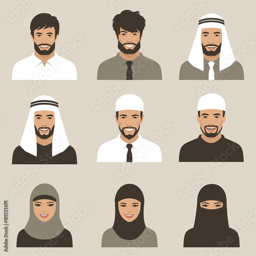  
set of flat muslim avatars, vector arab people icon,  saudi characters