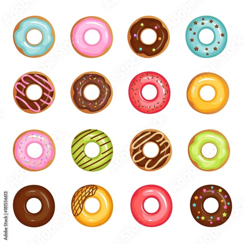 Cartoon and flat style glazed sweet donut isolated vector set. Donut dessert with chocolate and sugar illustration on white background.