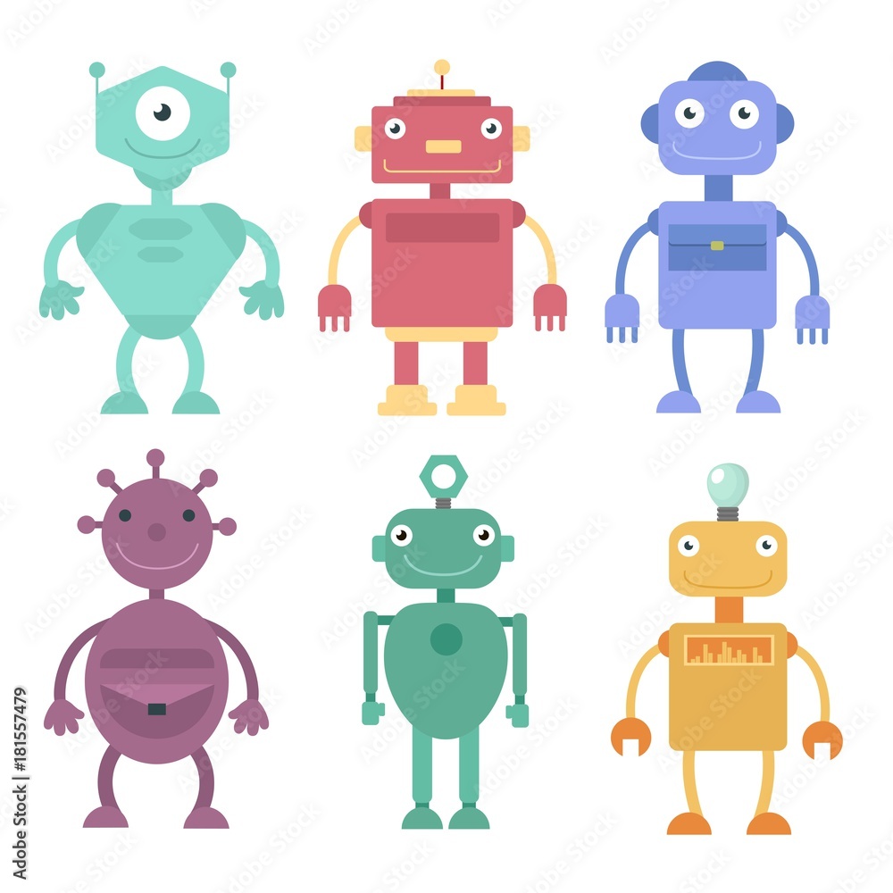Papier Peint photo Robots mignons, personnages scientifiques de vecteur de  machine cyborg. Cyborg et personnage de robot convivial, illustration de  mascotte robotique en style plat et dessin animé sur fond blanc. -