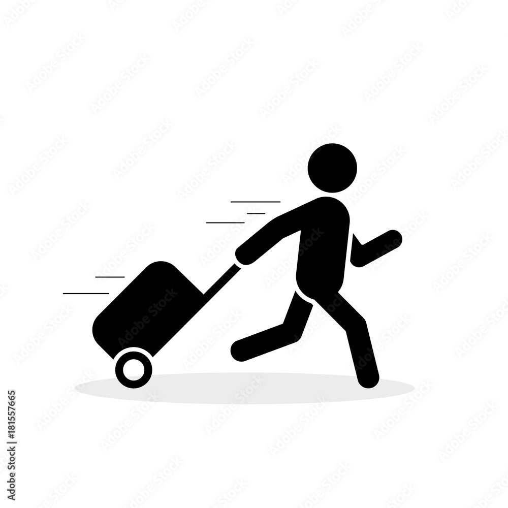 Traveler is running with bag icon, hurrying to the transport concept. Vector flat illustration Traveler is running with bag icon, hurrying to the transport concept. Vector flat illustration