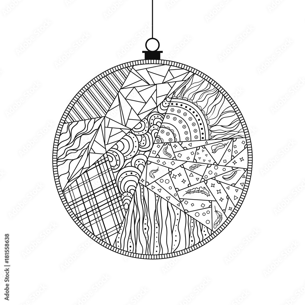 Christmas tree toy. Happy New Year. Zentangle. Hand drawn christmas ball with abstract patterns on isolation background. Design for spiritual relaxation for adults. Line art creation