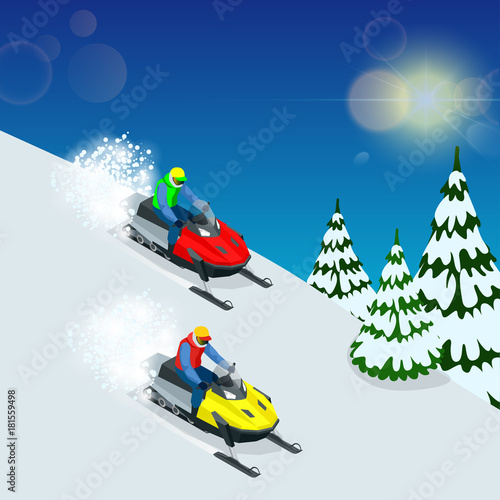 Man driving sports snowmobile. man and fast action snowmobile jumping. Isometric vector illustration