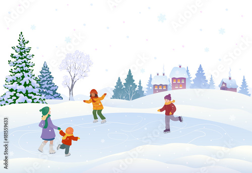 Skating kids in a village