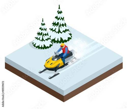 Man driving sports snowmobile in a sunny day. Isometric vector illustration
