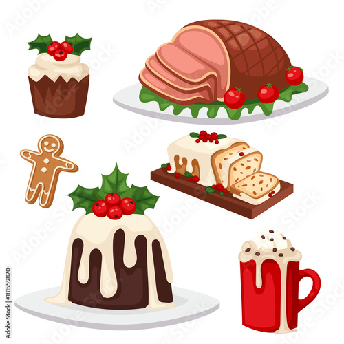Christmas food and desserts holiday decoration xmas sweet celebration vector traditional festive winter cake homemade dish.