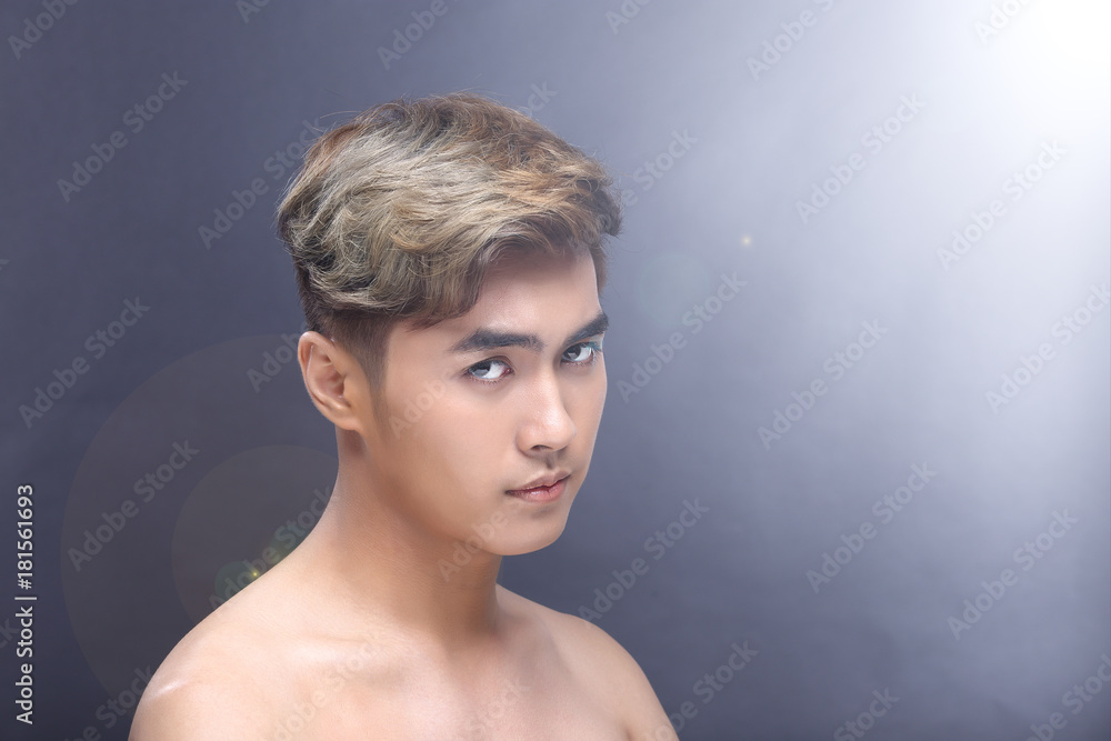 Man sexy face topless male model with Different Shading beautiful Color Hair Man sexy face topless male model with Different Shading beautiful Color Hair