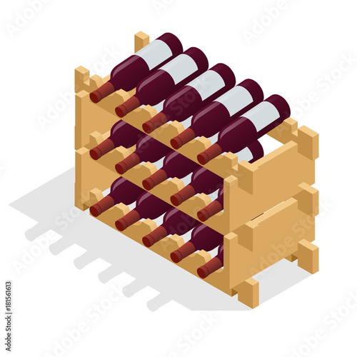 Isometric Red wine bottles stacked on wooden racks. Vector illustration isolated on white background