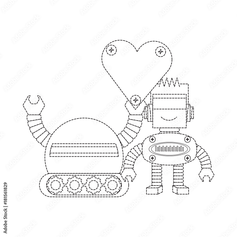 cute couple of cartoon robots with heart icon over white background black and white design vector illustration cute couple of cartoon robots with heart icon over white background black and white design vector illustration