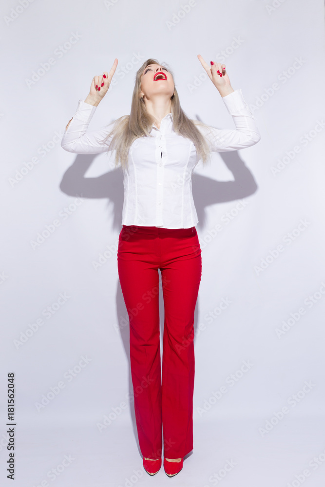 Sexy smiling woman in white shirt and red panties. She isolated on white background Sexy smiling woman in white shirt and red panties. She isolated on white background