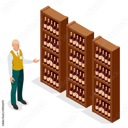 Isometric Portrait of adult male seller in uniform showing bottle of wine to a customer in wine shop. Vector illustration isolated on white background