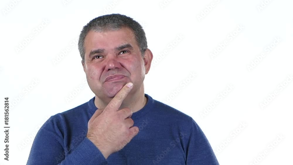 Man thinks about his life. White background . Close up. Slow motion Man thinks about his life. White background . Close up. Slow motion