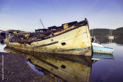 View of shipwreck on Ladysmith marina, taken in Victoria Island, BC, Canada