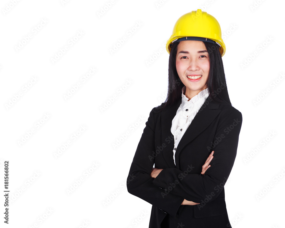 business woman engineer with crossed arms isolated on white background business woman engineer with crossed arms isolated on white background