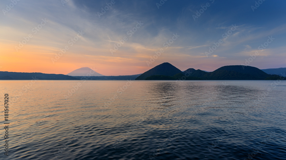 Mountain and Lake at Twilight in Hokkaido, Japan Mountain and Lake at Twilight in Hokkaido, Japan