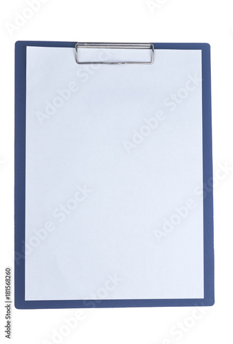 blue clipboard with blank white sheet attached on white background