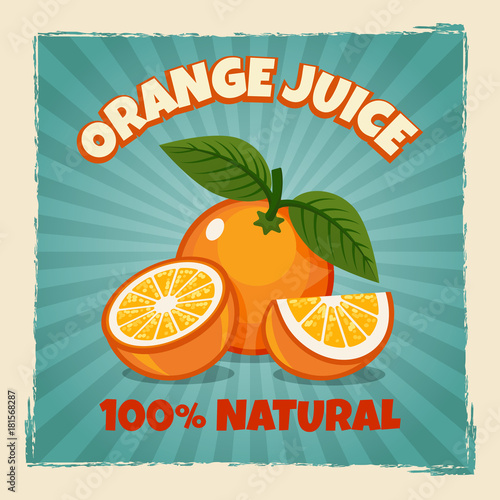 Orange fruit poster. Vintage juice orange fruits label on blue background for healthy diet vector ilustration