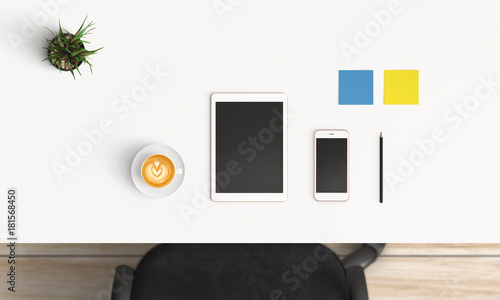 Modern workplace with coffee cup and smartphone or laptop copy space on white table background. Top view. Flat lay style.