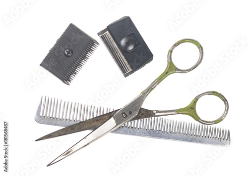 Barber shop equipment tools on white background