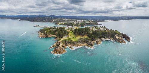 Aerial view of the lookout point where people watch for whales in Eden, NSW, Australia