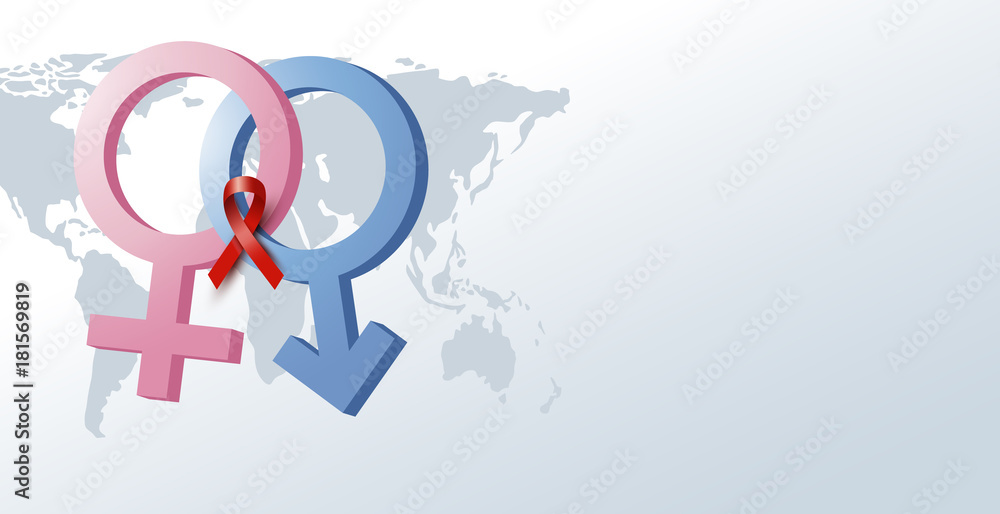 World aids day design of sex symbol and red ribbon with world map vector illustration World aids day design of sex symbol and red ribbon with world map vector illustration