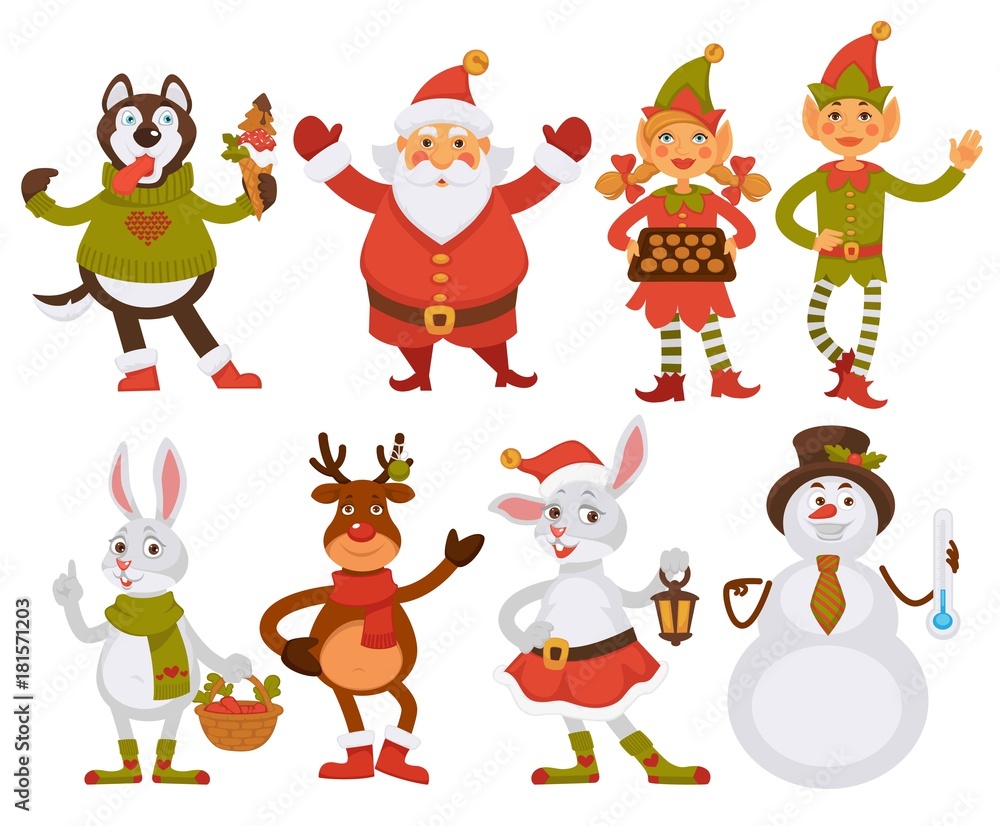 Christmas Santa friends cartoon characters vector icons winter holiday greeting card