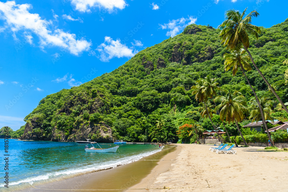 Paradise beach at Soufriere Bay with view to Piton at small town Soufriere in Saint Lucia, Tropical Caribbean Island.