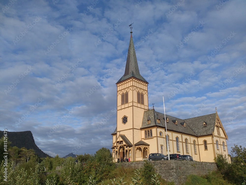 Wooden and beautiful Lofoten Cathedral situated in Kabelvag on Lofoten peninsula, Norway