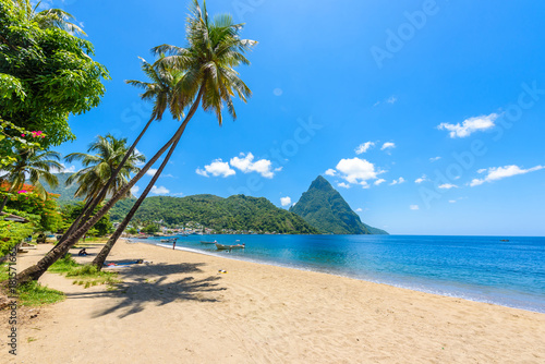Fototapeta Naklejka Na Ścianę i Meble -  Paradise beach at Soufriere Bay with view to Piton at small town Soufriere in Saint Lucia, Tropical Caribbean Island.