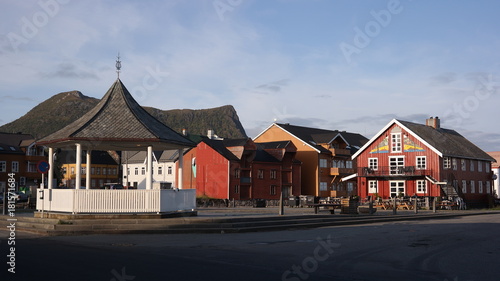 Kabelvag main square in town center with traditional norwegian wooden houses, Lofoten peninsula, Norway