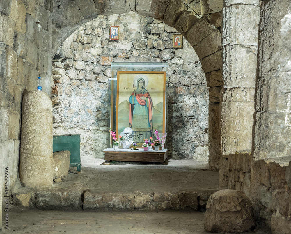 Saint Meryem(Mary,Marie) fresco at Apse of Aya Tekla underground cave Church also known as Saint Aya Thecla ,Aya Thekla, is ruined historic church of Byzantine.Silifke,Mersin,Turkey. - obrazy, fototapety, plakaty 