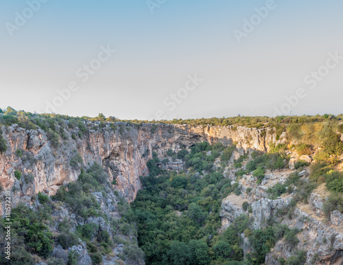 High resolution panoramic Aerial interior view of the Chasm of Heaven located in Silifke district, Mersin Turkey.