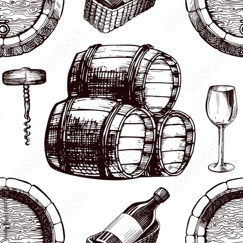 Wine pattern sketch background vector seamless winemaking barrel, grape vine glass and corkscrew photo