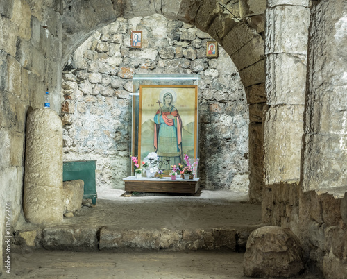 Saint Meryem(Mary,Marie) fresco at Apse of Aya Tekla underground cave Church also known as Saint Aya Thecla ,Aya Thekla, is ruined historic church of Byzantine.Silifke,Mersin,Turkey. photo