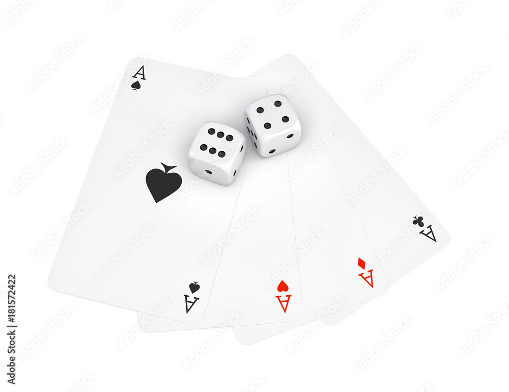 3d rendering of two white dice with four different ace playing cards isolated on a white background. 3d rendering of two white dice with four different ace playing cards isolated on a white background.