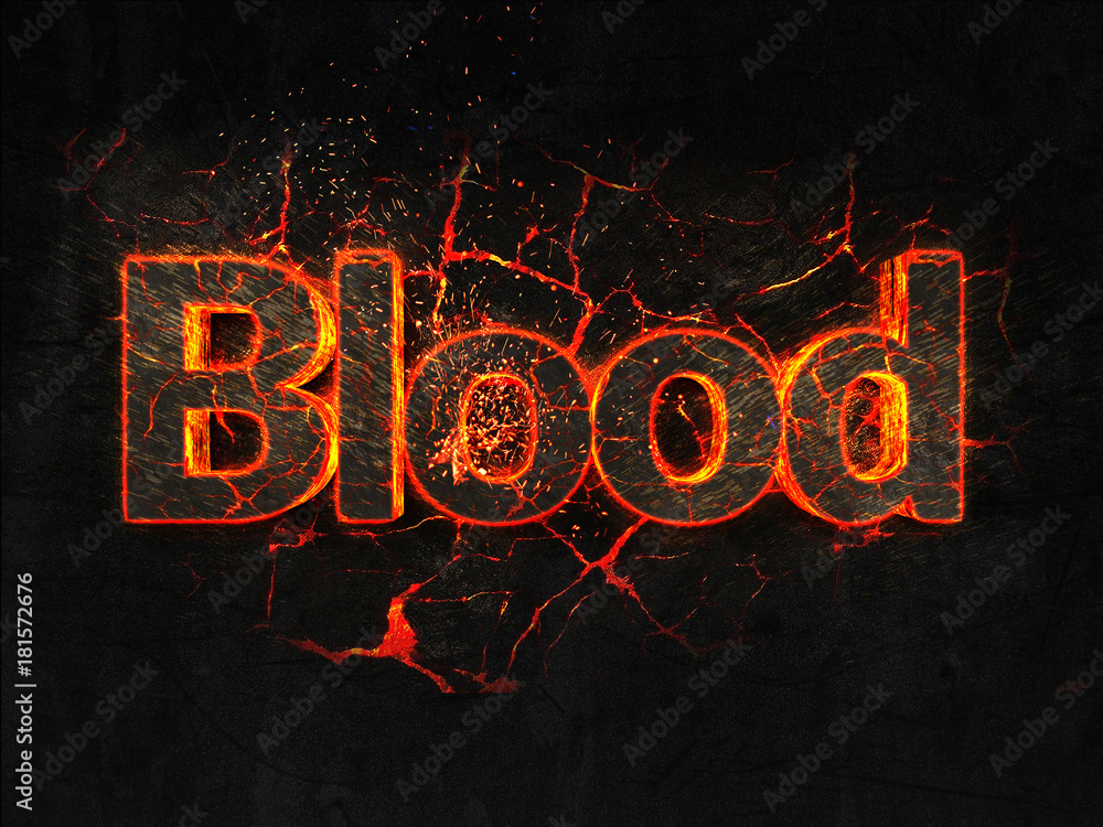 Blood Fire text flame burning hot lava explosion background.