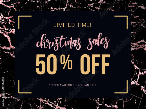 Christmas sale poster on rose gold marble background. Vector illustration for website and banners, posters, ads, coupons, promotional material