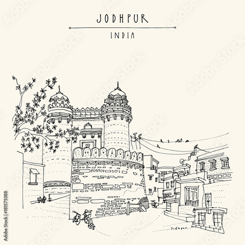 The Fateh Pol (Victory Gate) of Mehrangarh fort (Sun Fortress) in Jodhpur, Rajasthan, India. Built by Maharaja Ajit Singh to commemorate recapture of Marwar from Mughals. Hand drawn postcard