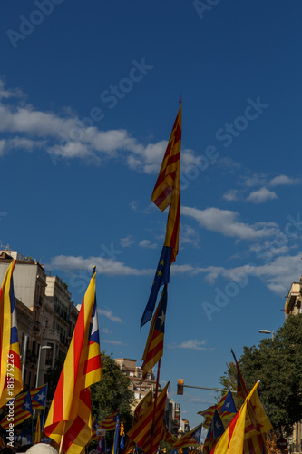 Barcelona, Catalonia, Spain, September 11, 2017: People on street on riot during national day from Catalonia claming for independence of Catalunya in Barcelona with catalan flags. Editorial caption photo