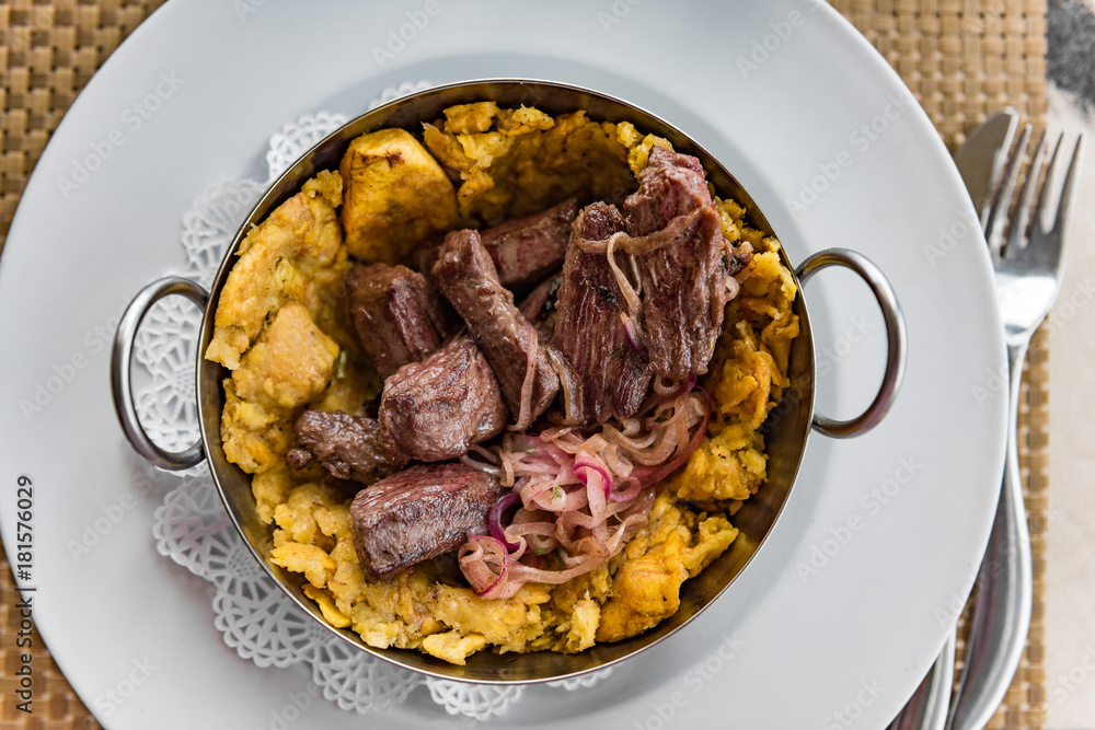 Puerto Rican beef and plantains Mofongo meat dish. Puerto Rico food