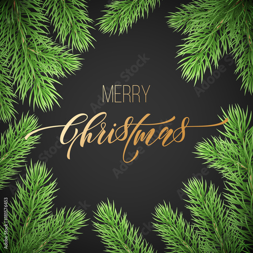 Merry Christmas trendy golden quote calligraphy font on black premium background for winter holiday design template. Vector Christmas tree for branch wreath decoration and golden New Year lettering