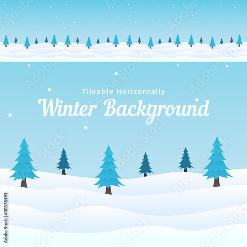 Tileable Horizontal Winter Background with Snowy Ground and Cold Blue Christmas Tree for Game, Banner, Poster, Cover Template