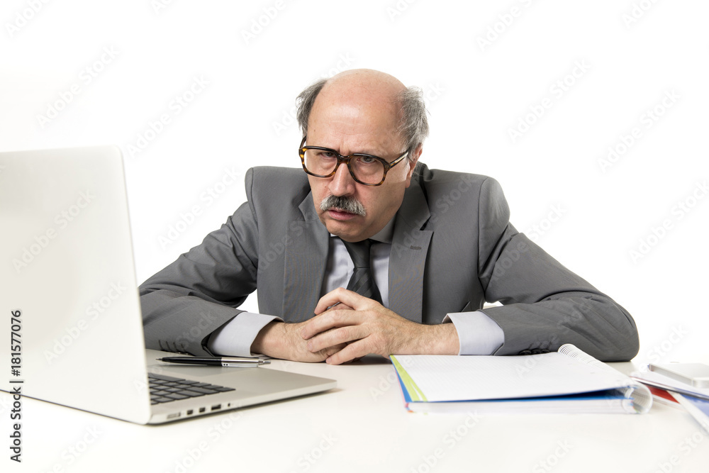 senior mature busy business man with bald head on his 60s working stressed and frustrated at office computer laptop desk looking angry senior mature busy business man with bald head on his 60s working stressed and frustrated at office computer laptop desk looking angry