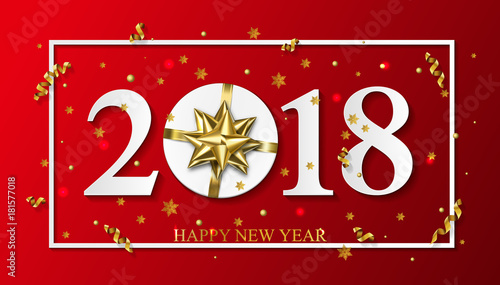 Vector 2018 Happy New Year red background with golden gift bow