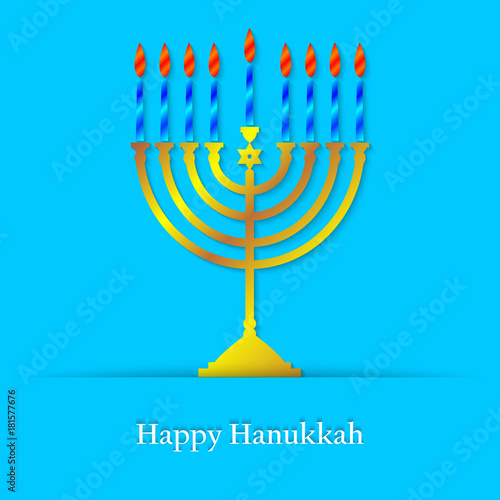 Happy Hanukkah, jewish festival of Lights. Hanukkah menorah for design of greeting card, banner, poster. Vector illustration.