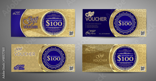 Luxury gift voucher template collection. Set of blue and gold coupon template. Vector