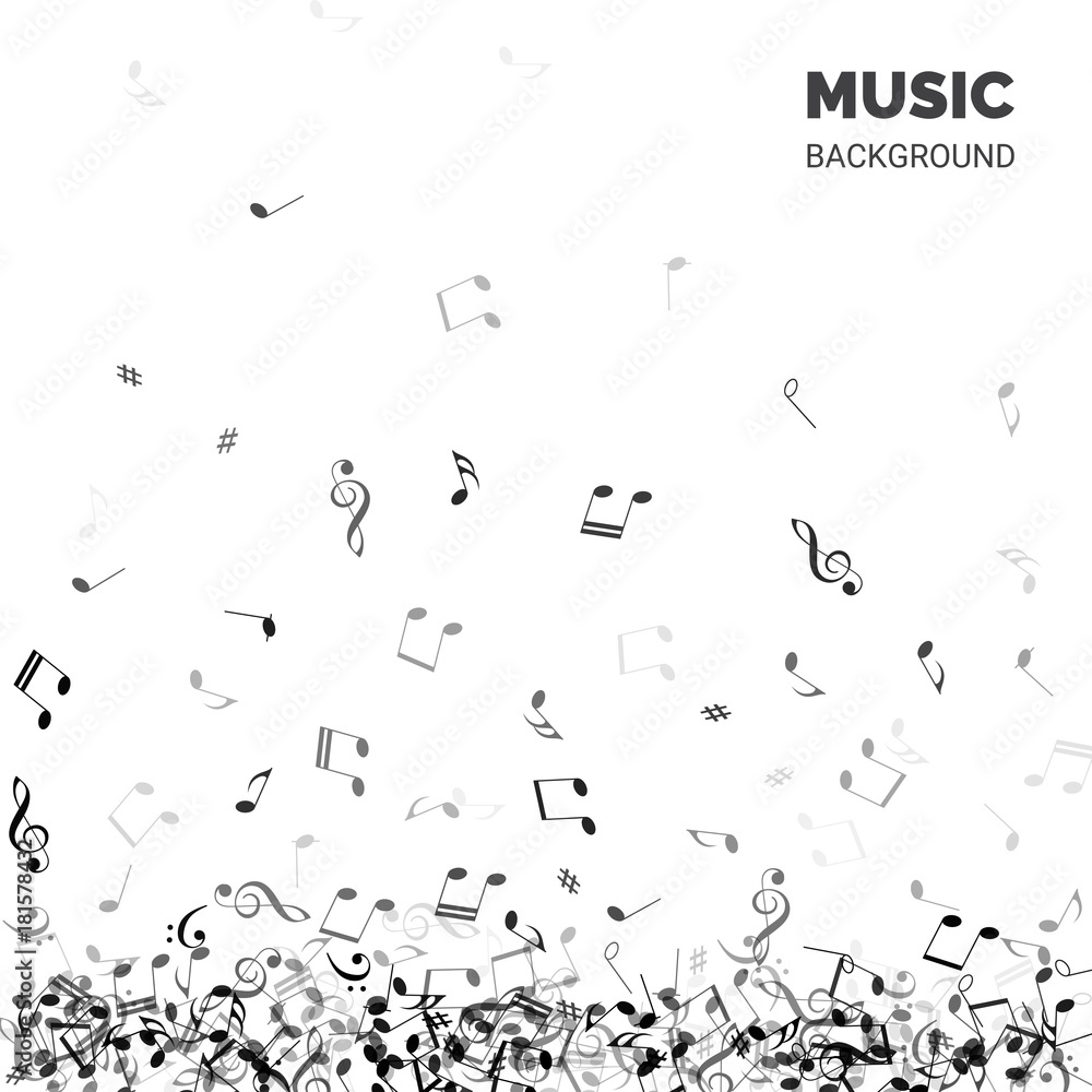 Vector abstract music background. Music background text with falling notes. Vector abstract music background. Music background text with falling notes.