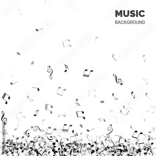Vector abstract music background. Music background text with falling notes.
