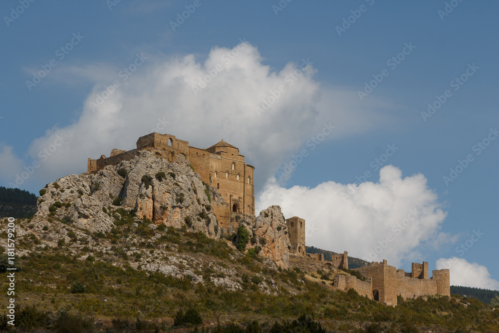 View to the medieval castle Loarre in Aragon province, Spain
